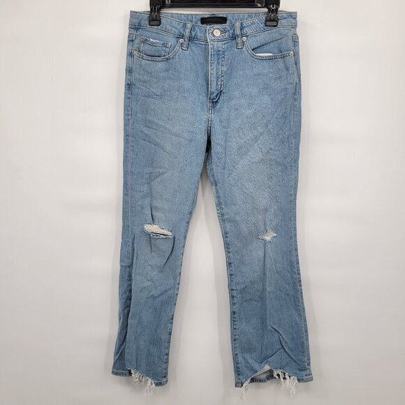 Uniqlo Women Blue 10" High Waisted Distressed Raw Hem Stretch Jeans Size 27 - Picture 1 of 11